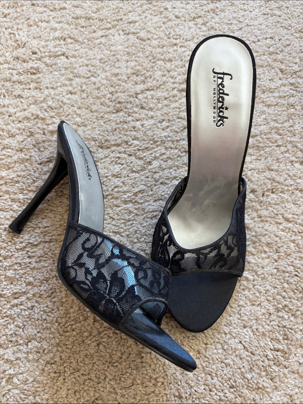 Frederick's of Hollywood Black Lace Open-Toe Stiletto Mules